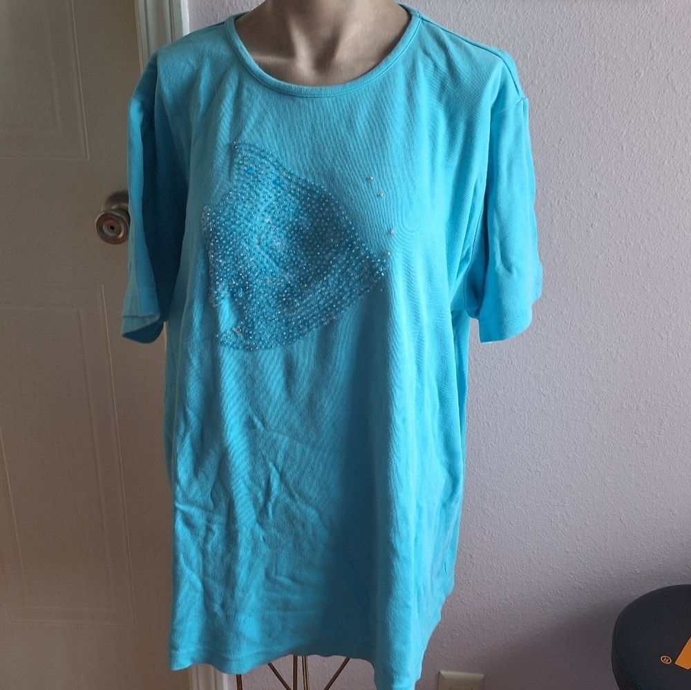 Aqua Blue Quaker Factory Shirt with Fish Design
